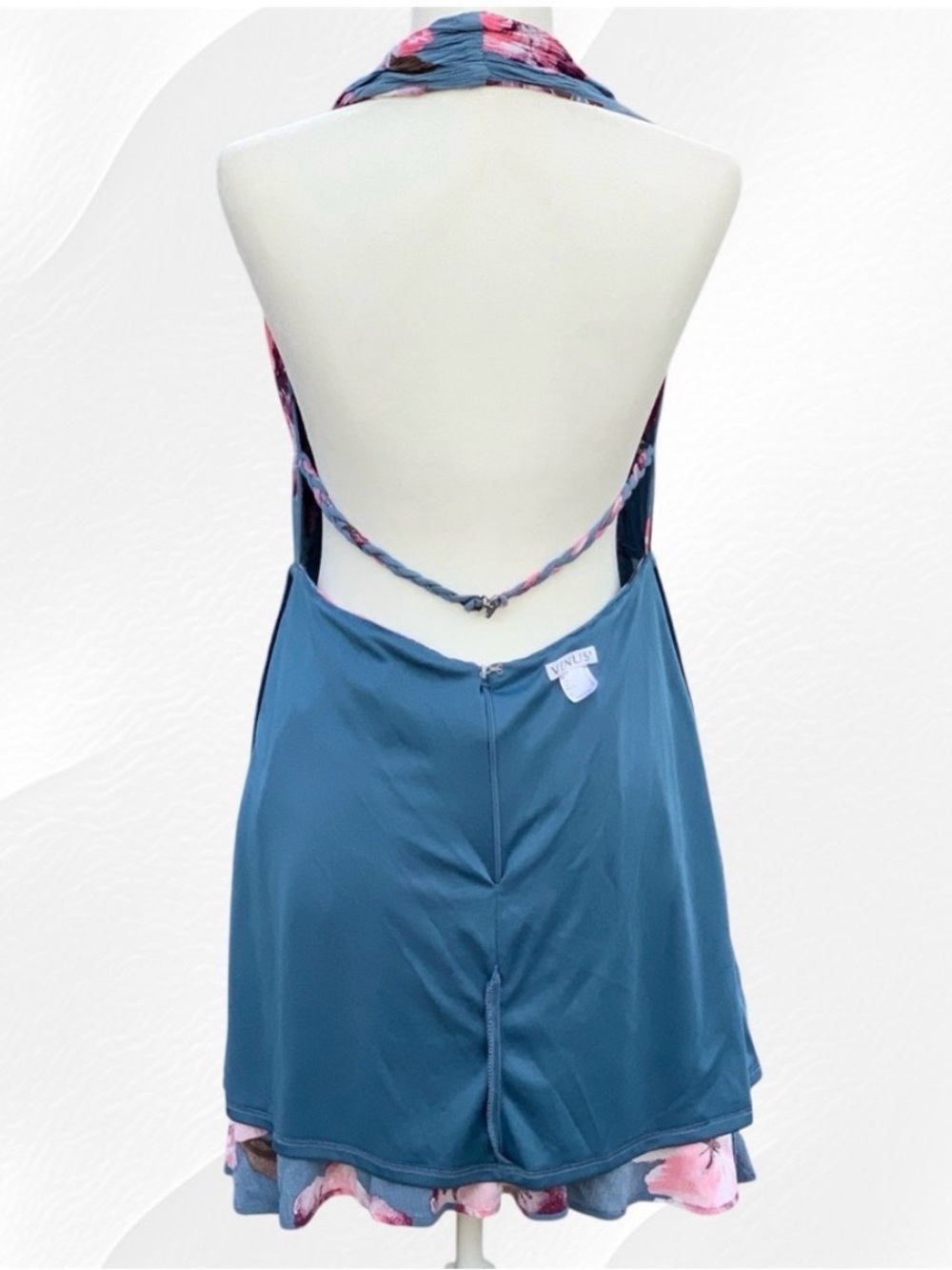 Venus Backless Blue & Pink Hibiscus Tropical Floral Crepe Halter Swing Dress 10 - Picture 7 of 11